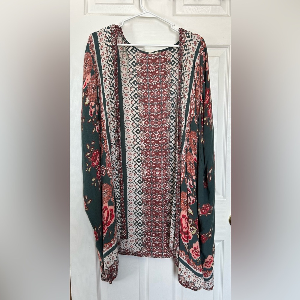 Gypsy Love Green and Pink Floral Open Front Kimono Women’s Large